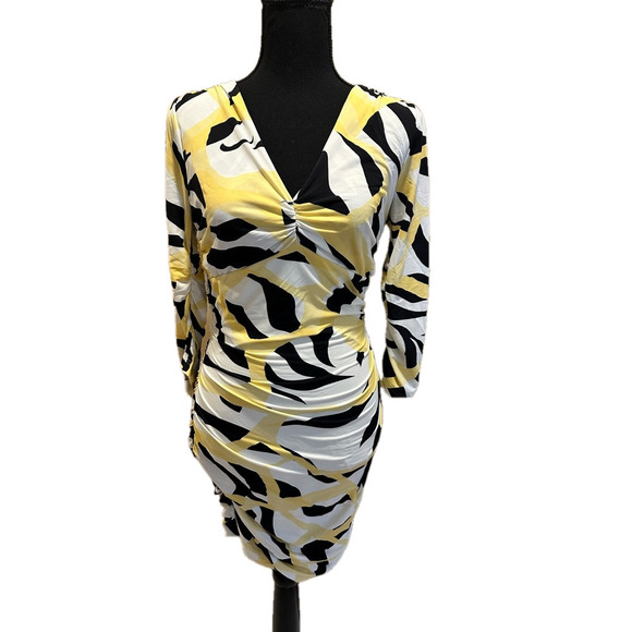 Roberto Cavalli Dresses & Skirts - NWT ROBERTO CAVALLI GATHERED YELLOW BLACK AND WHITE PRINT V NECK MINI DRESS